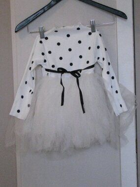 2T White Long Sleeved Party Dress with Black Polka Dots and Ribbon